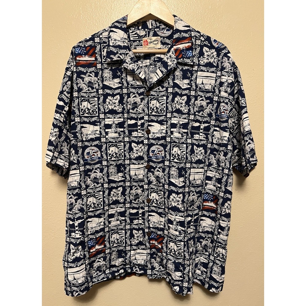 Hilo Hattie Pearl Harbor 75th Anniversary Hawaiian Shirt Blue White Mens Sz 3X